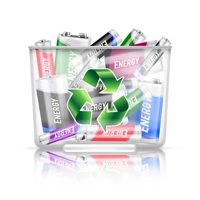 Used batteries in transparent container with green recycling symbol realistic composition on white background vector illustration