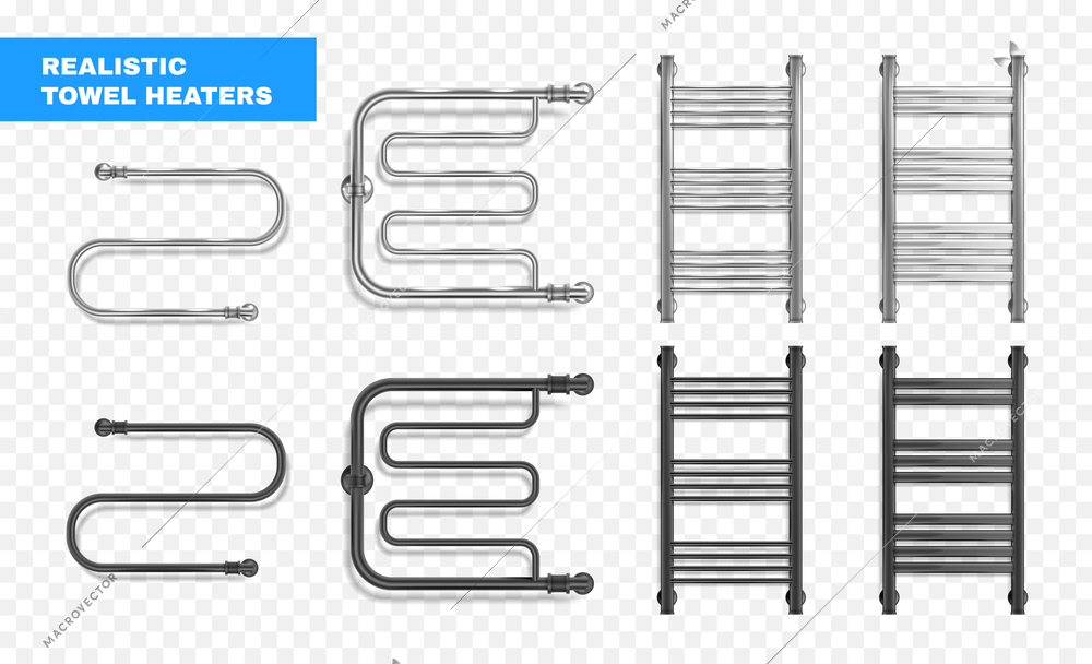 Realistic set of isolated silver and black heated towel rails on transparent background vector illustration