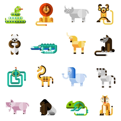 Jungle animals set with snake lion monkey panda bear isolated vector illustration