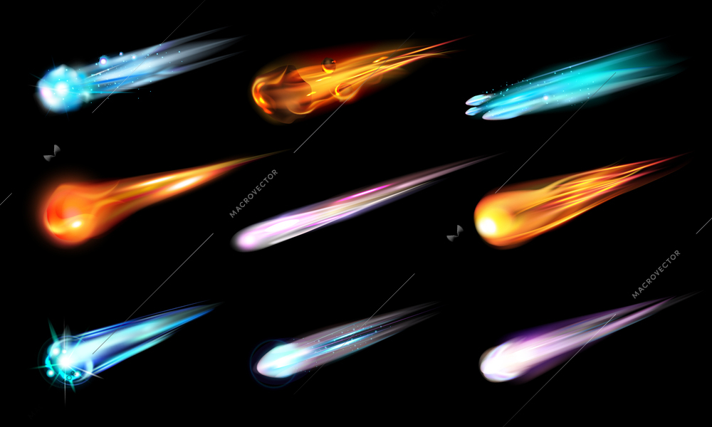 Realistic space meteor comet star set with isolated icons colorful images of flying meteorites with tails vector illustration