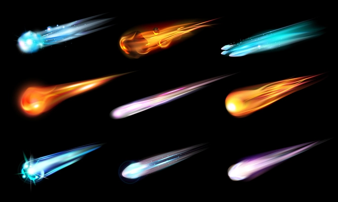 Realistic space meteor comet star set with isolated icons colorful images of flying meteorites with tails vector illustration