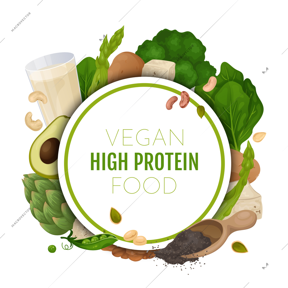 Vegan protein food frame composition with editable text in circle surrounded by salad grits and beans vector illustration