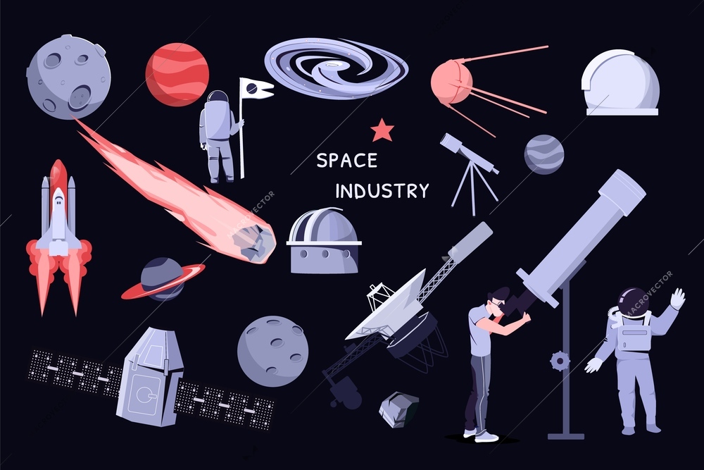 Space industry set with galaxy symbols flat isolated vector illustration