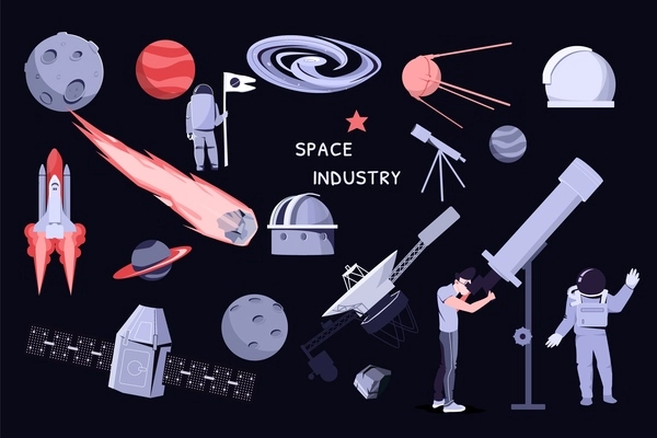 Space industry set with galaxy symbols flat isolated vector illustration