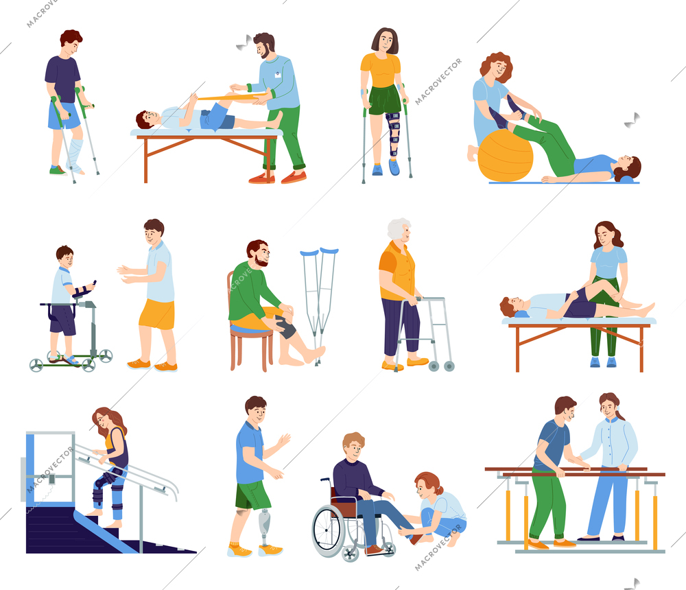 Orthopedic therapy rehabilitation set with flat isolated compositions of icons human characters of patients with physicians vector illustration