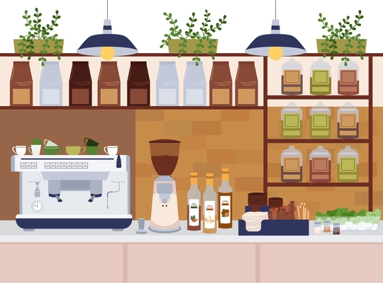 Modern eco cafe flat composition with indoor front view of kitchen range with coffee making machine vector illustration