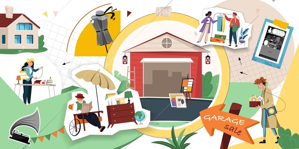 Garage sale collage with neighborhood fair symbols flat  vector illustration