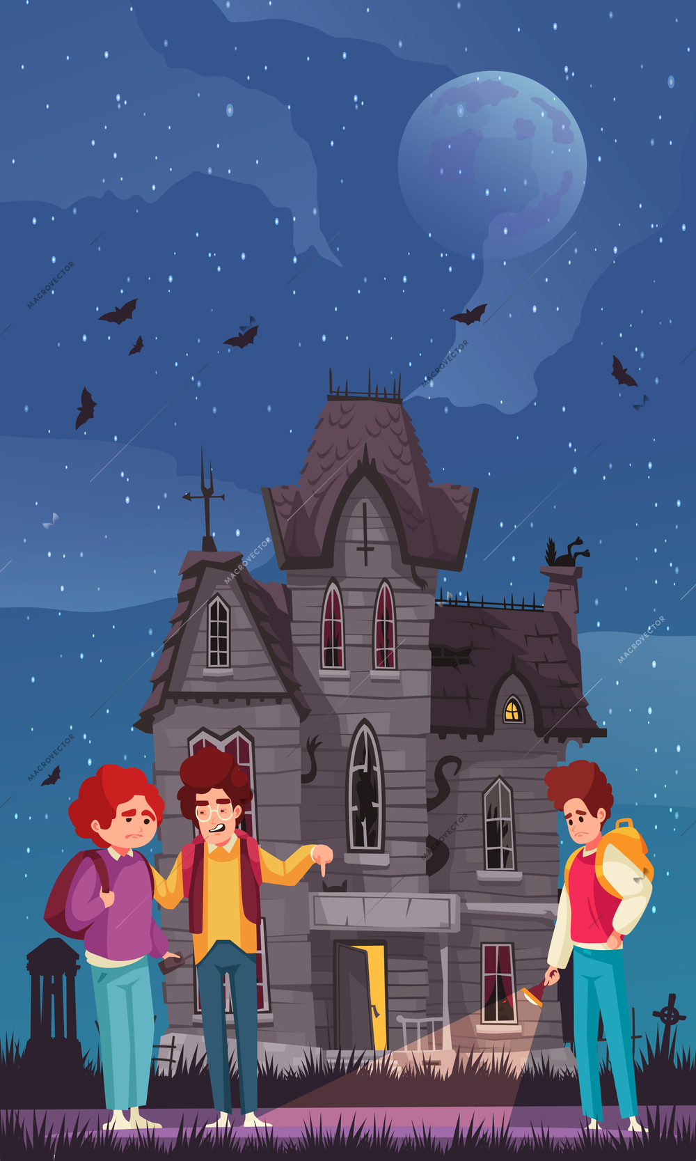 Scary house cartoon poster with teenagers in front of spooky building vector illustration