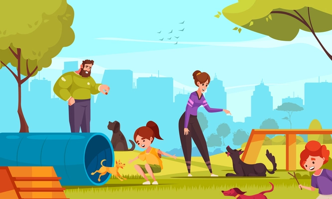 Dog playground cartoon poster with adults and kids traning their pets vector illustration