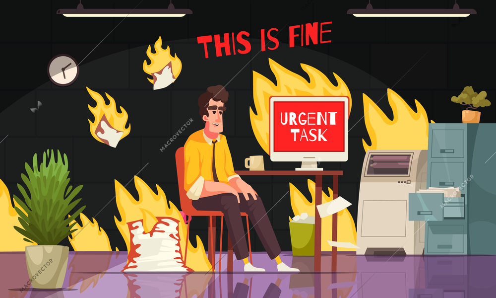 Office stress cartoon concept with burnout man pressed by deadlines vector illustration