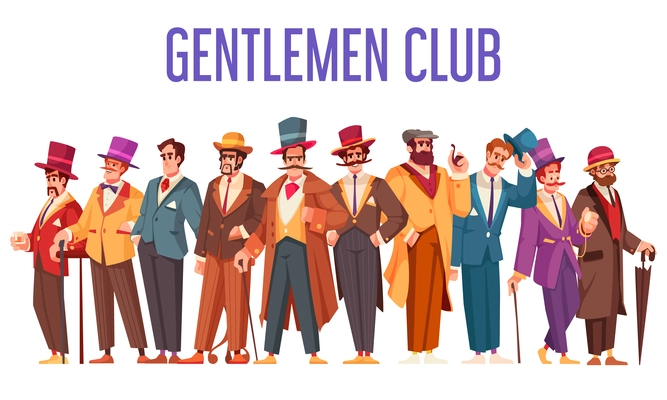 Gentlmen club cartoon concept with males in old style fancy clothing vector illustration