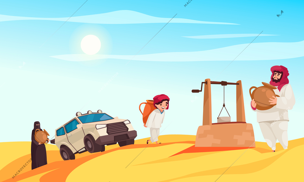 Desert cartoon concept with people in traditional clothes and modern vehicle in sands vector illustration