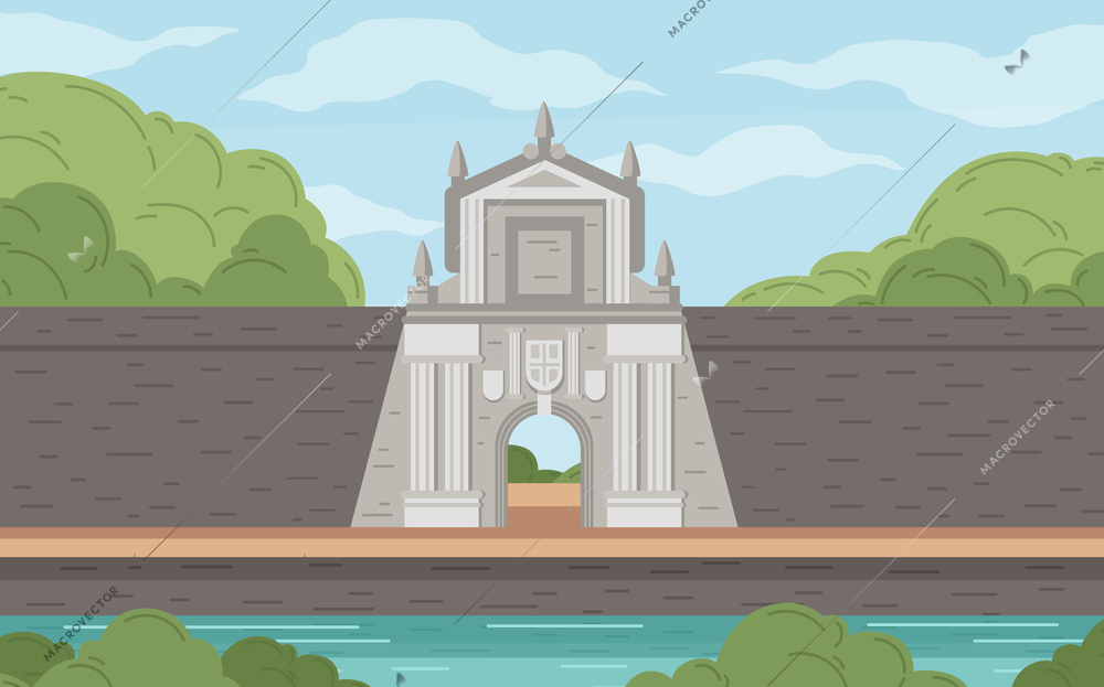 Philippines travel cartoon poster with fort Santiago on natural landscape vector illustration