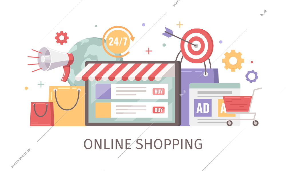 Business digital transformation flat concept with online shopping symbols vector illustration