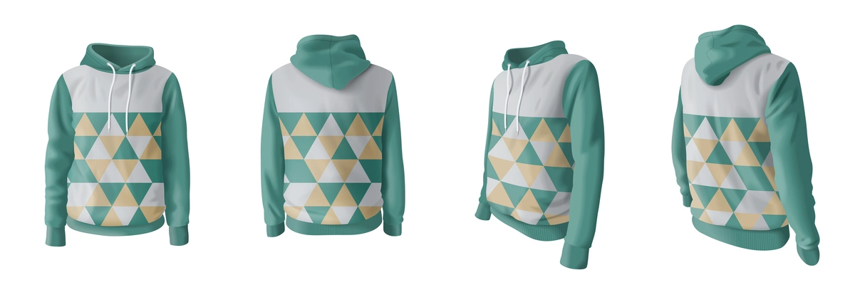 Realistic hooded sweatshirt with pattern mockup set isolated vector illustration