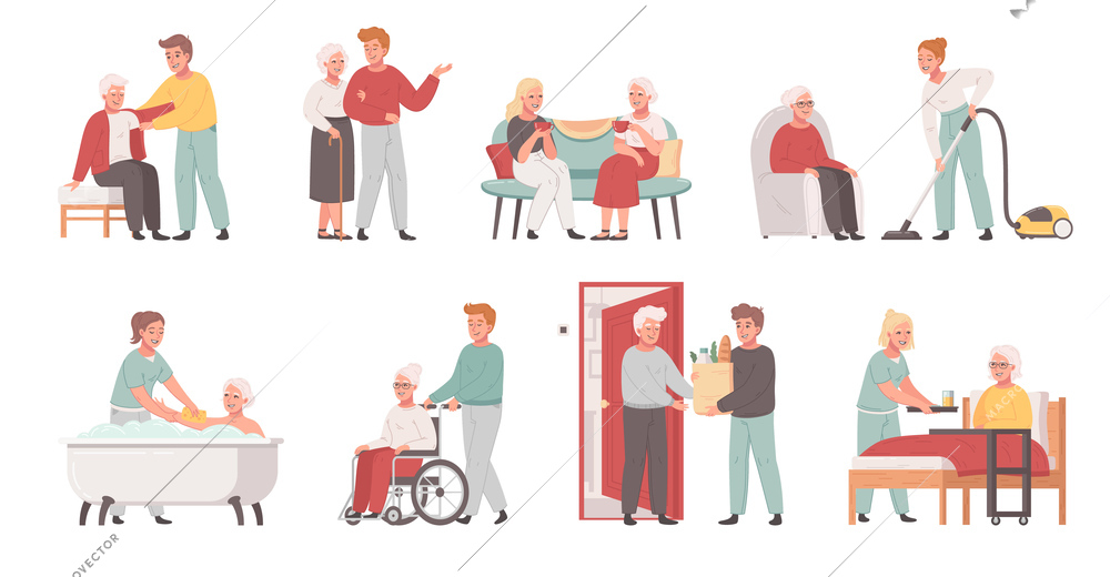 Elderly care cartoon icons set with caregivers helping old people isolated vector illustration