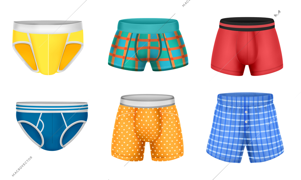 Realistic mens underpants set with boxers briefs trunks of different colors isolated vector illustration