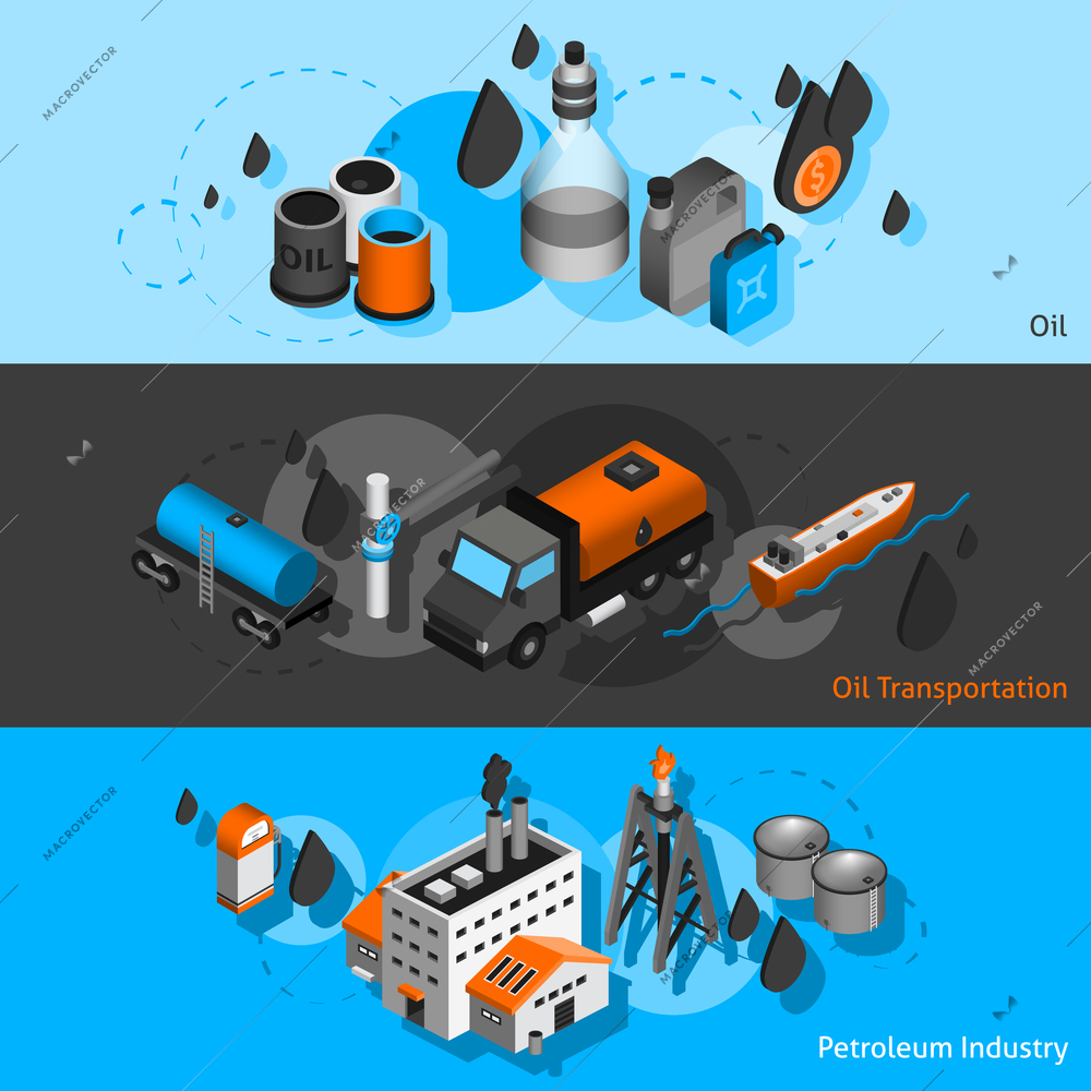 Petroleum industry isometric horizontal banners set with oil transportation elements isolated vector illustration