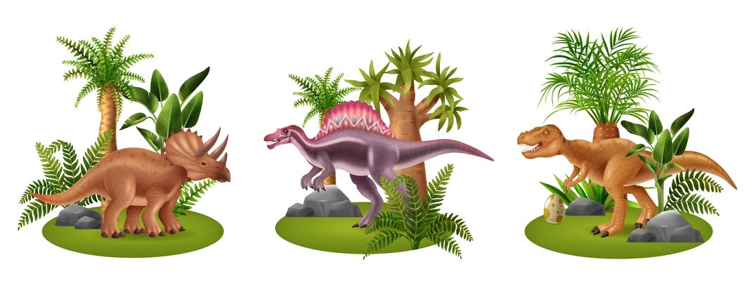 Realistic dinosaur compositions set with triceratops tyrannosaurus and spinosaurus and tropical plants isolated vector illustration
