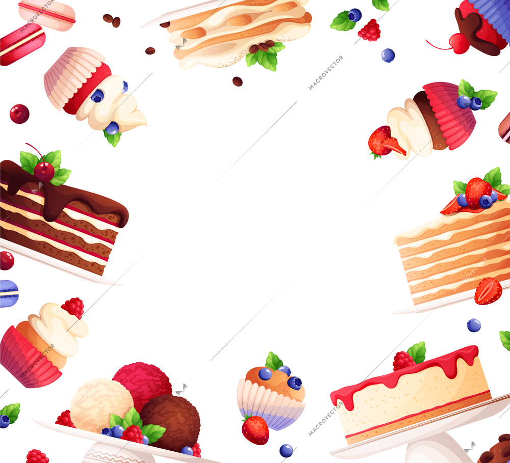 Flat style frame with various desserts and berries on white background vector illustration