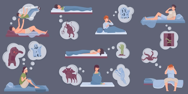 People suffering from nightmares awaken at night flat set isolated on grey background vector illustration