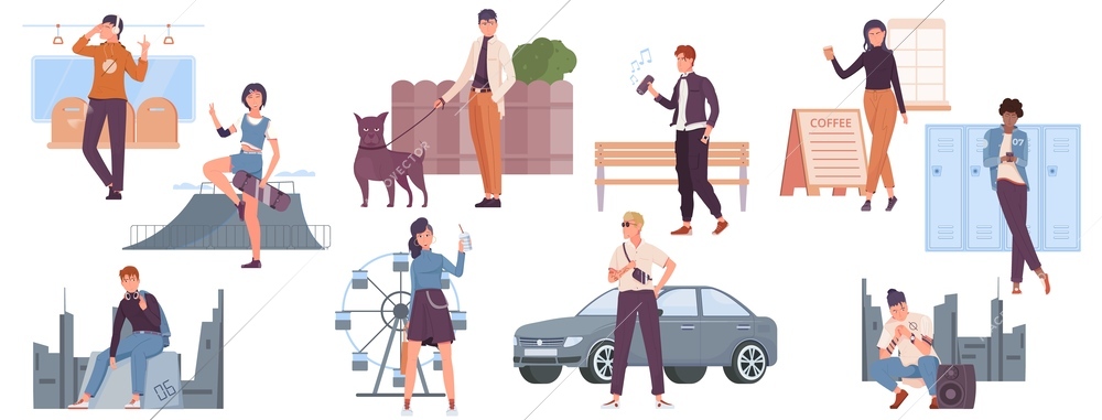 People lifestyle flat set with relaxed teenagers and adults in various places in city isolated vector illustration