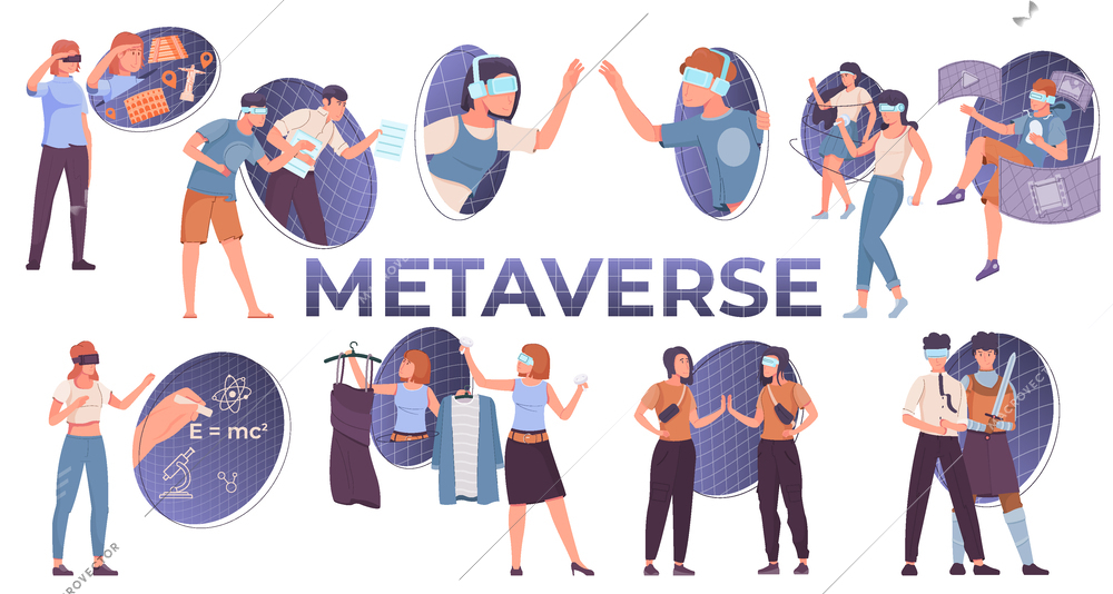 Metaverse flat set of people doing various activities using augmented reality headsets isolated vector illustration