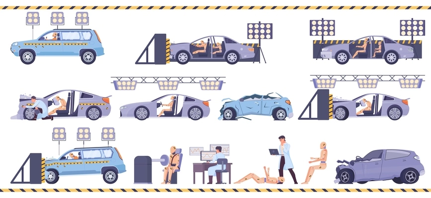 Crash test flat set with smashed cars and dummies isolated vector illustration