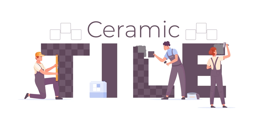 Ceramic tiles flat text with three workers doing tiling work vector illustration
