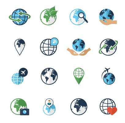 Global earth environment friendly transportation round world map flight symbols flat icons set abstract isolated vector illustration