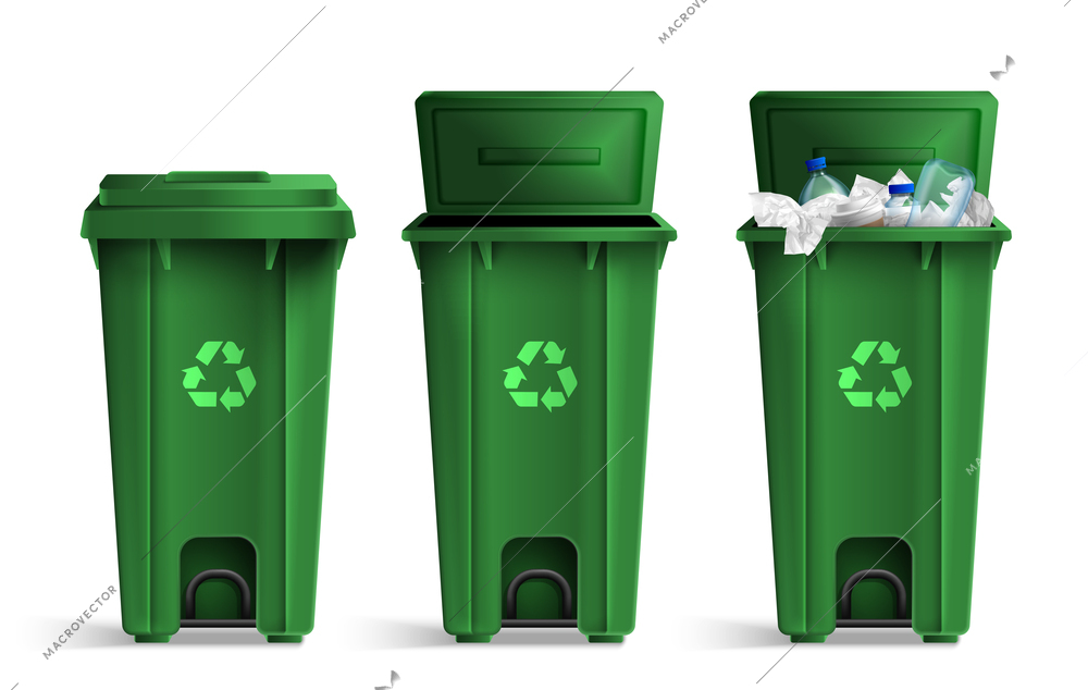 Realistic green trash buckets set with three isolated front views of closed open and filled bins vector illustration