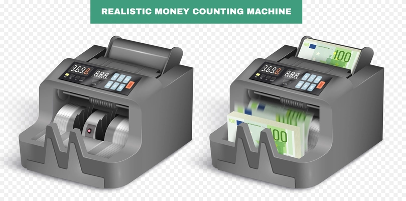 Realistic money counting machine set with two isolated views of empty and loaded apparatus with text vector illustration