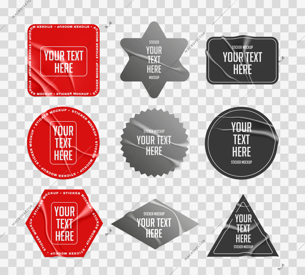 Realistic stickers labels collection with red grey and black colored badges with marble texture on background vector illustration
