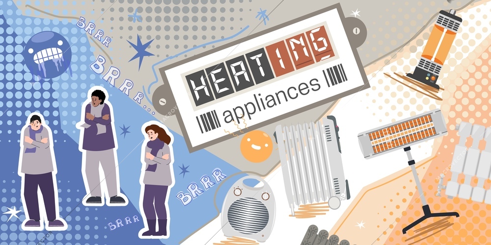 Heating appliances flat composition with collage of heater units household radiators freezing people characters and text vector illustration