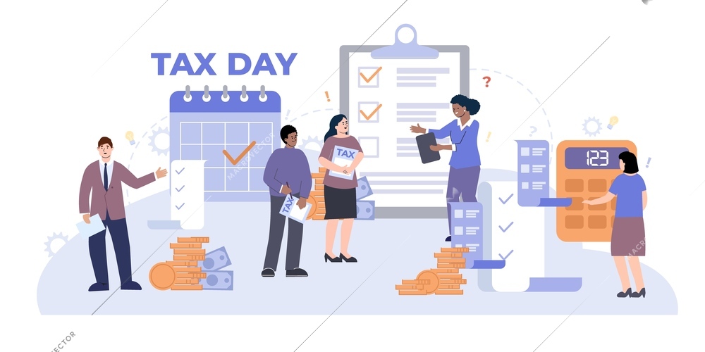 Tax people flat composition with smart human characters coin stacks receipts calculators calendars and check marks vector illustration