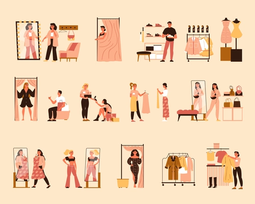 Shopping mall flat color set of customers trying on new dress in fitting room and assistants helping to find clothe isolated vector illustration