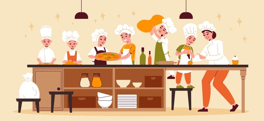 Culinary classes horizontal poster with group of funny kids cooking at long table under guidance of female chef vector illustration