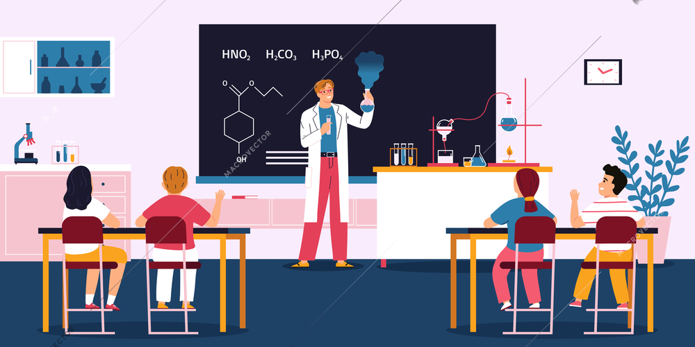 Chemistry school lesson classroom interior with interested learners looking at male teacher performing chemical experiment flat vector illustration