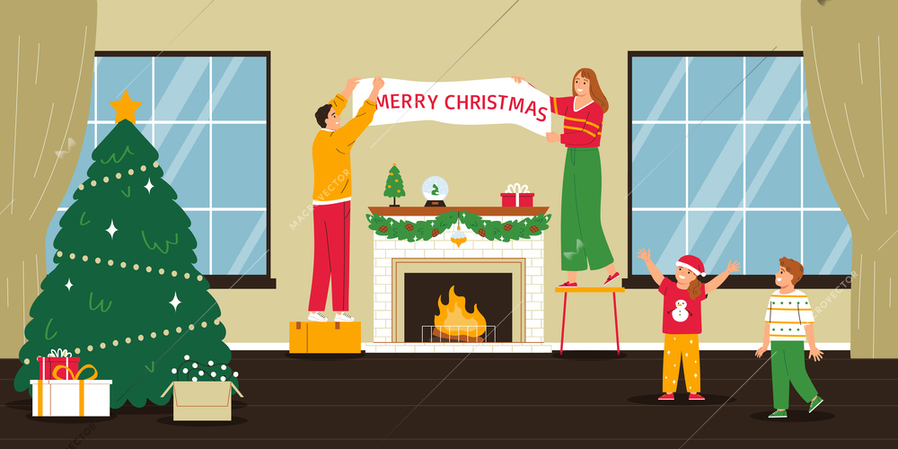 Merry christmas flat background with parents and their children decorated home room with pine and fireplace vector illustration