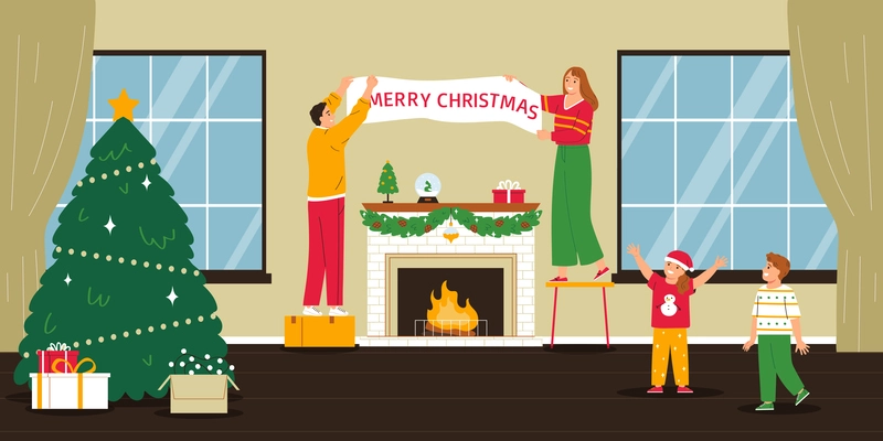 Merry christmas flat background with parents and their children decorated home room with pine and fireplace vector illustration