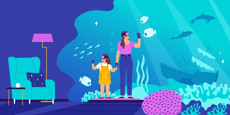 Virtual reality flat composition with mother and her child observing underwater world by augmented reality glasses vector illustration