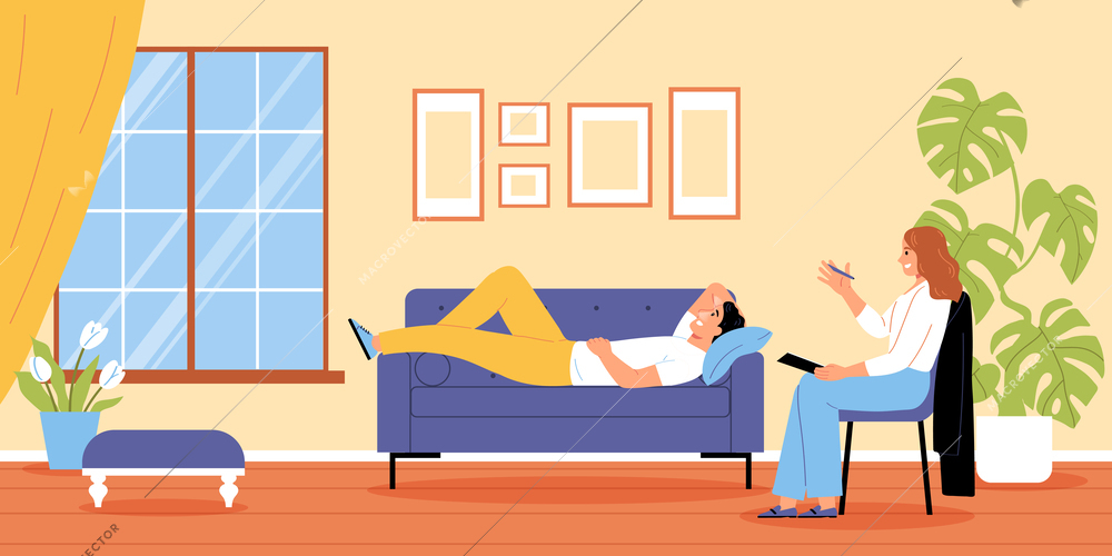 Mental health flat background with man relaxing on sofa and receiving emotional support at psychologist cabinet vector illustration