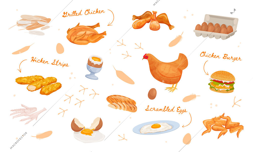 Chicken products flat composition with set of isolated trails ornate text captions with arrows poultry food vector illustration