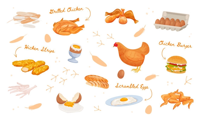 Chicken products flat composition with set of isolated trails ornate text captions with arrows poultry food vector illustration