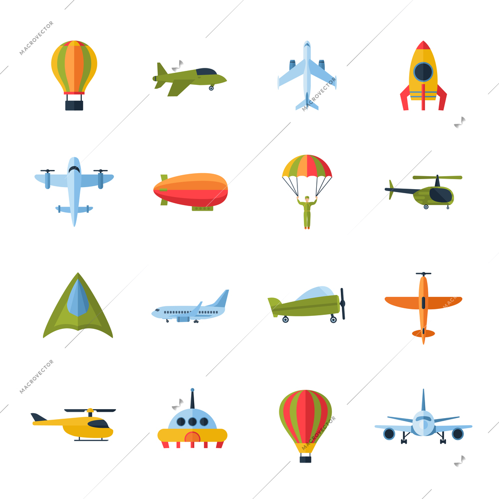 Aircraft civil and army cargo transport flat icons set with helicopter jetliner parachute abstract isolated vector illustration