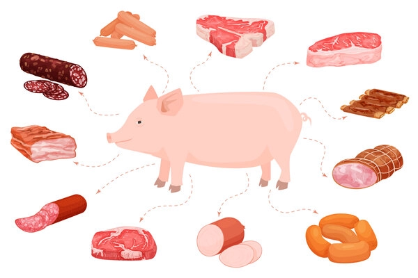 Meat products flat set of isolated product icons with steaks and sausages pointing to pig image vector illustration