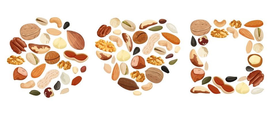 Nuts and seeds flat set with isolated bean icons combined into circle heart and square shapes vector illustration