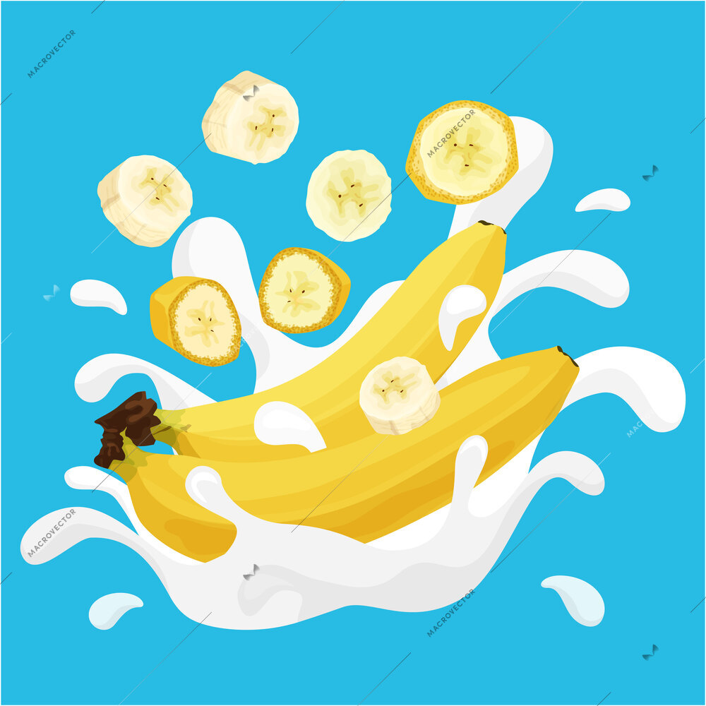 Banana flat set with banana fruits and slices falling into splash of white yoghurt with drops vector illustration