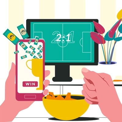 Betting sports flat composition with domestic scenery and computer with game livestream and smartphone with money vector illustration