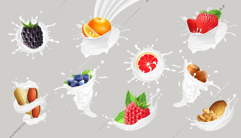 Realistic fruits berries and nuts in milk splashes isolated on grey background vector illustration